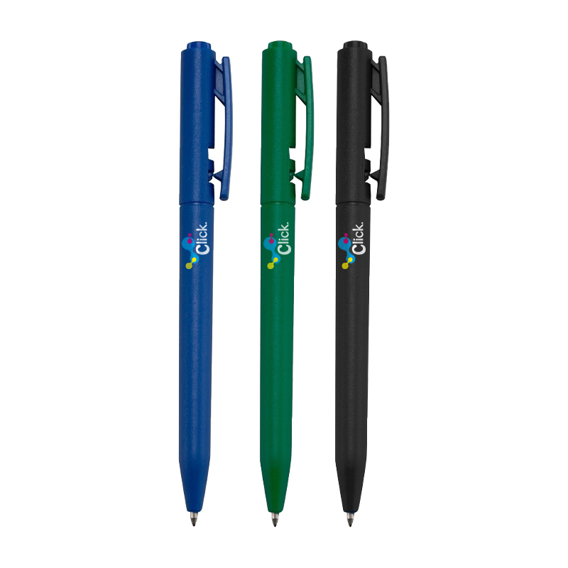 Caneta plástica com carga esferográfica azul 1.0 mm e acionamento por clique.
Medidas aproximadas para gravação (CxL): 3,9 cm x 0,7 cm
Tamanho total aproximado (CxL): 13,7 cm x 1,5 cm